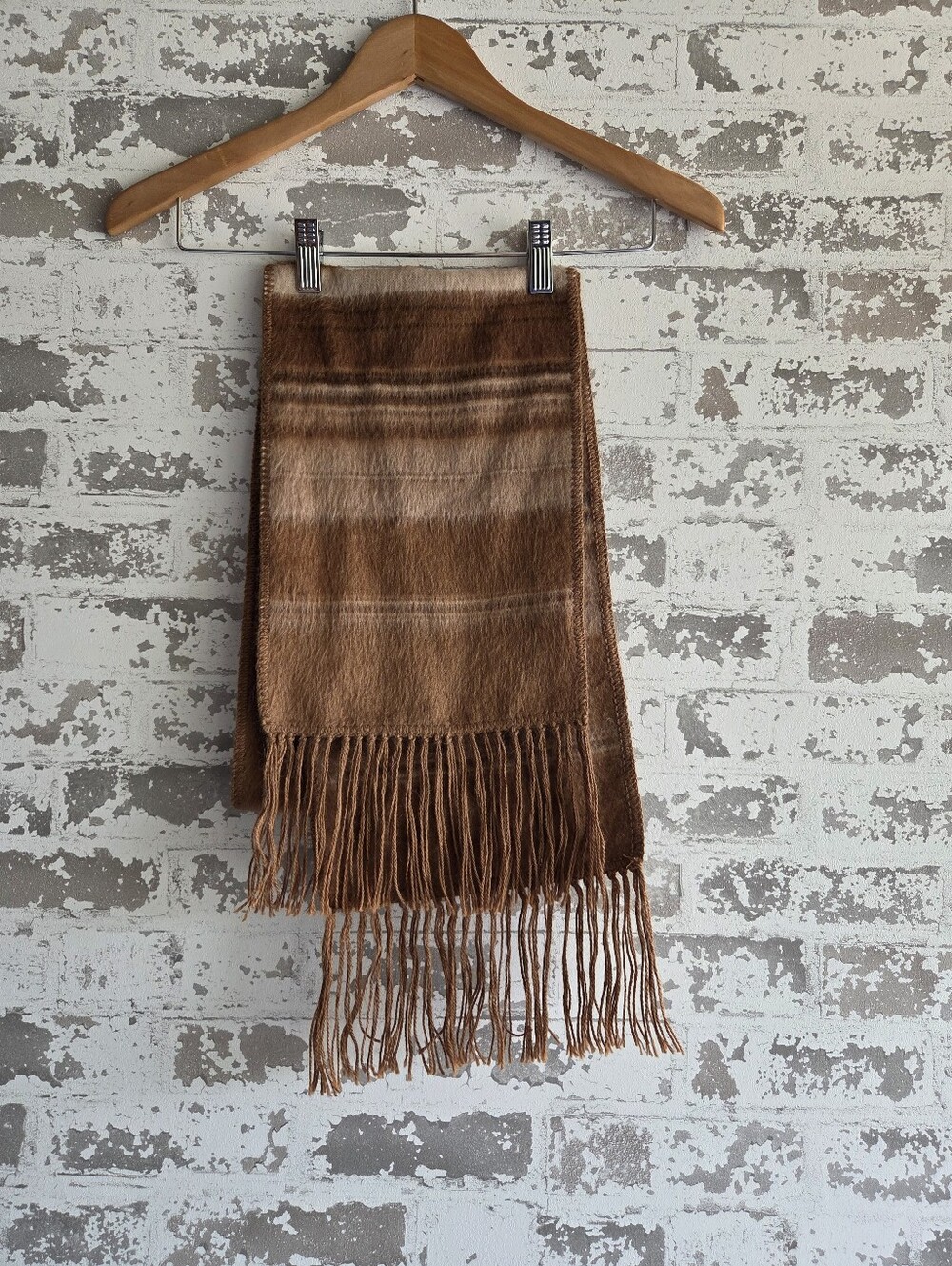 Alpaca Camargo Brown Striped Fringe Scarf Made In Peru Soft Winter Cozy Neutral